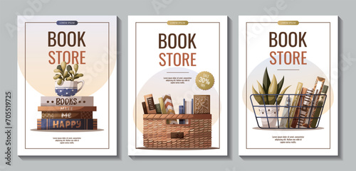 Set of flyers with basket of books, potted plant. Bookstore, bookshop, book lover, reading, interior concept. Vector illustration for advertising, banner, promo.