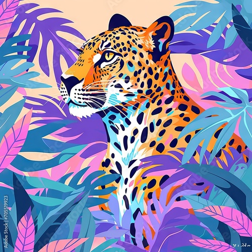 African cheetah big wild cat surrounded by tropical leaves in trendy abstract style. Wild animal in jungle  wildlife. Cartoon jaguar character for wall art print  poster  banner and cover