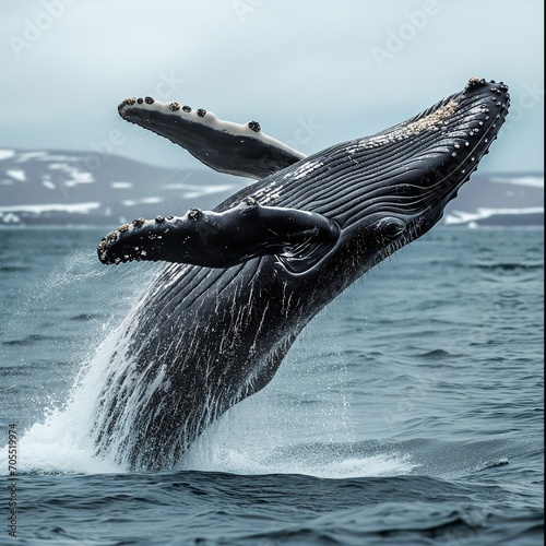 A whale's tail fluke is captured mid-motion above icy waters with a snowy shoreline in the background
