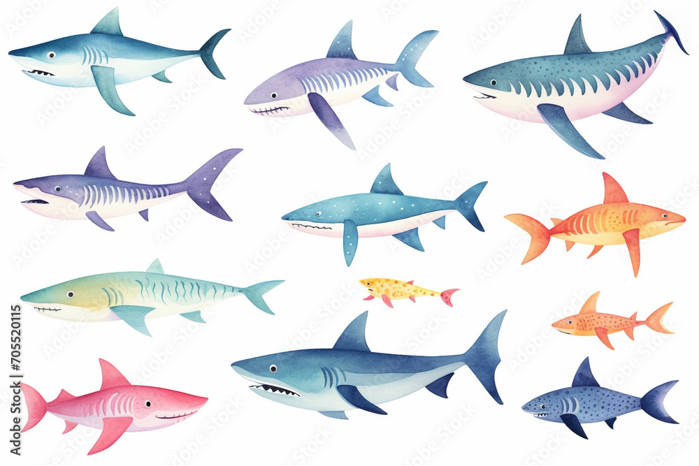 Fototapeta premium Set of watercolor paintings Shark fish on white background.