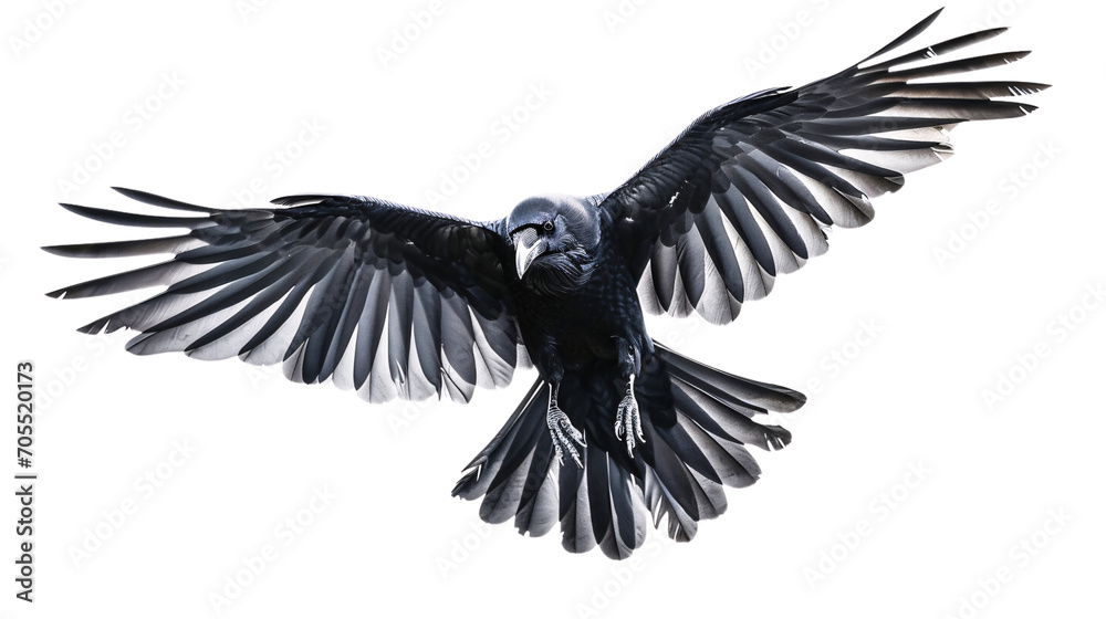 Fototapeta premium Soaring Raven in Flight Isolated on white background