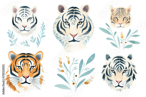 Set Of Watercolor paintings Tiger on white background. 