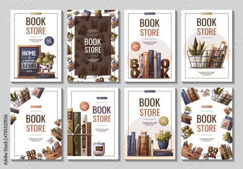Set of flyers with books, potted plants and wooden word "book". Bookstore, bookshop, book lover, reading, interior concept. Vector illustration for advertising, banner, promo.