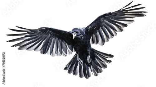 Soaring Raven in Flight Isolated on white background