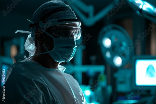 Surgeon in scrubs with face mask and headlight in a dimly lit operating room, focused and ready for surgery.