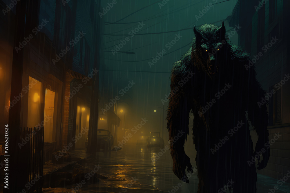 A stealthy werewolf lurking in a misty urban alleyway, under dim streetlights