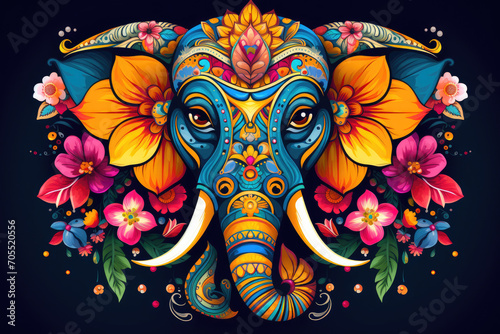 Minimalistic representation of a decorated elephant wearing vibrant colors and floral motifs, symbolizing royal presence during Holi celebrations photo