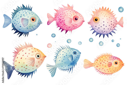 Set of watercolor paintings Pufferfish on white background. 