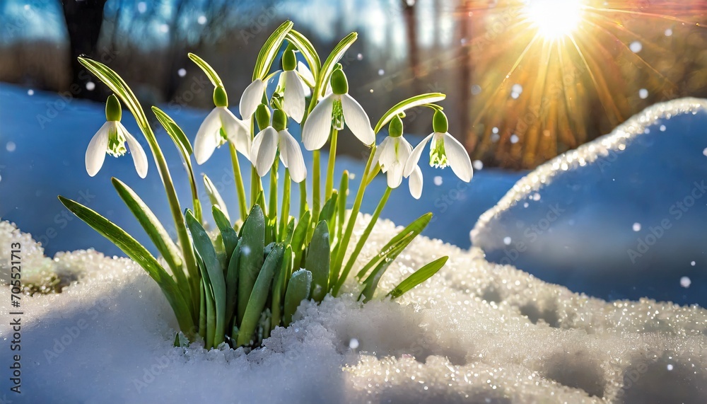Fototapeta premium Przebiśniegi rosnące w ogrodzie w promieniach słońca. W tle wczesnowiosenny ogród z topniejącym śniegiem. Symbol wczesnej wiosny