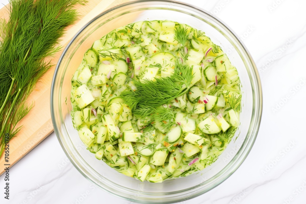 cucumber dill mixture in clear bowl, overhead view cucumber dill mixture in clear bowl, overhead view