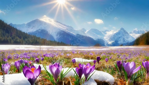  Wczesnowiosenny krajobraz z krokusami, słońcem i górami © Monika