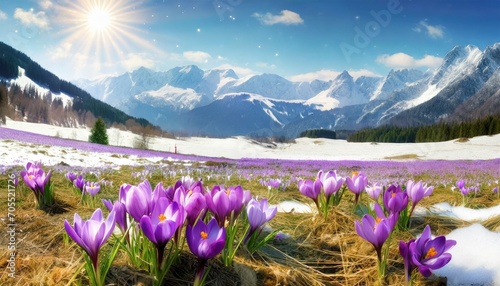 Wczesnowiosenny krajobraz z krokusami, słońcem i górami © Monika