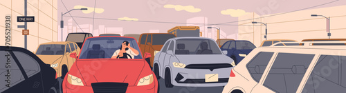 Traffic jam, rush hour problem in city. Sad driver stuck in car on busy road on way from work. Auto transport congestion. Slow speed driving, braking, waiting in automobile. Flat vector illustration photo