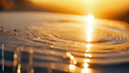 Stunning footage highlighting the intricate interplay of raindrops and sunlight, resulting in a beautiful ripple effect on the water. photo