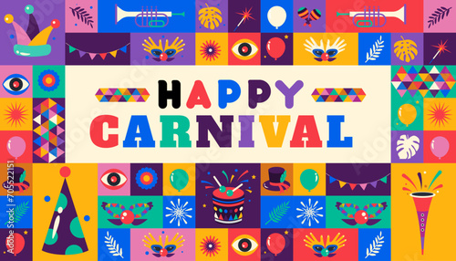 Happy Carnival  2024 colorful geometric background with splashes  speech bubbles  masks and confetti for cover  poster  social media template . vector illustration