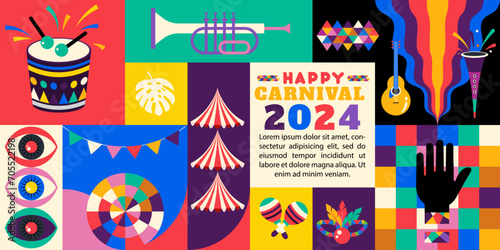 Happy Carnival  2024 colorful geometric background with splashes  speech bubbles  masks and confetti for cover, poster, social media template . vector illustration