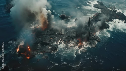 Witness the devastating impact of an oil spill on the ocean, captured in a topdown view that highlights the scale of the disaster. photo