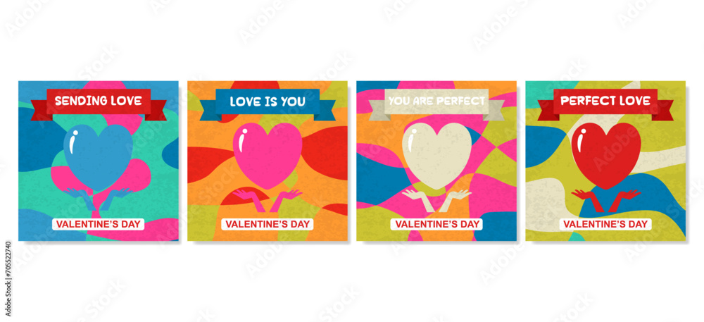 Creative concept of Happy Valentines Day cards set. Modern abstract art design with hearts  geometric shapes. Templates for celebration,  ads,  branding, banner,  cover,  label,  poster,  sales.