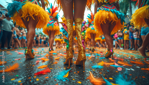 Bottom view of the feet of people celebrating the carnival, a festival taking place on the city center in the warm season. Feathers, serpentine, sparkles, flowers. Mardi Gras photo