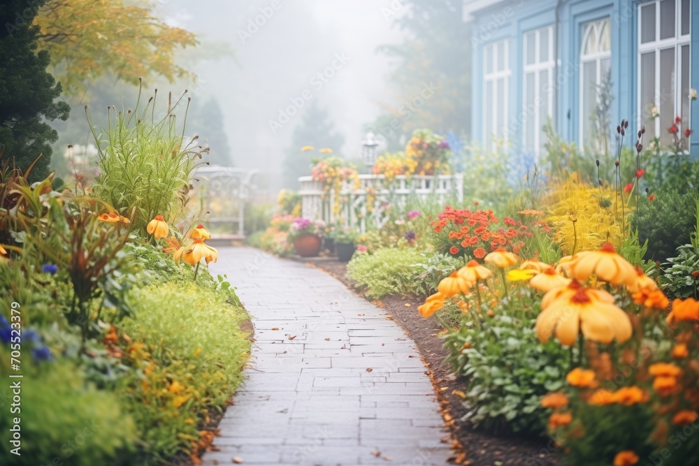 foggy garden path leading to grand estate