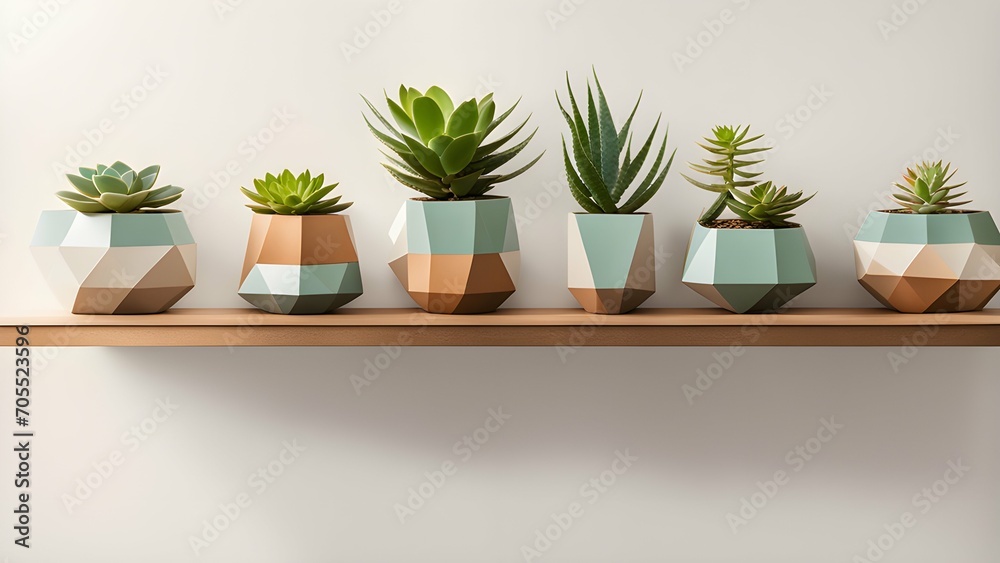 the simplicity of a trio of succulents in geometric ceramic pots on a floating wall shelf.
