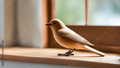 the beauty of a hand-carved wooden bird perched gracefully on a windowsill.  © AI ARTS