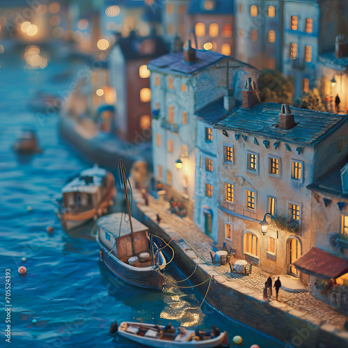 Illustration of a river and a boat in a cute European box.
 photo