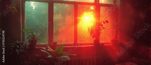 sunlight shining through a window onto a plant in a room © Masum