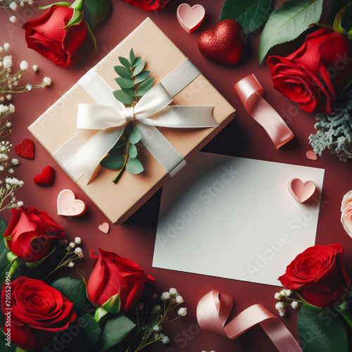 Romantic Gesture: Gift Box, Red Roses, and Empty Note Create a Valentines Day Background.