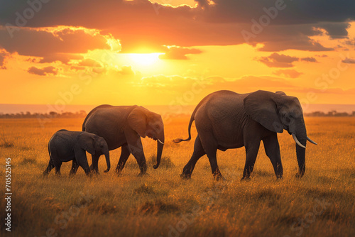African Elephants Walking in the Savannah at Sunset