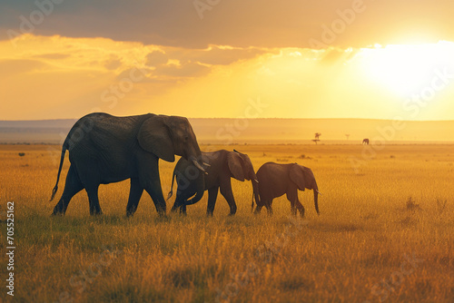 African Elephants Walking in the Savannah at Sunset