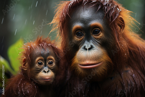 A Sumatran Orangutan with its baby in the rainforests of Indonesia. © Oleksandr