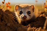 A Black-Footed Ferret peeking out from its burrow in the American prairie.