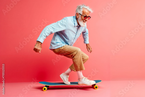 Senior Man Skateboarding with Style. Generative AI