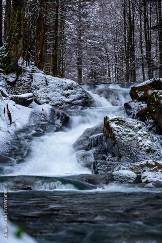 Szepit waterfall on the Hylaty stream in the village of Zatwarnica. Bieszczady Mountains, Poland.