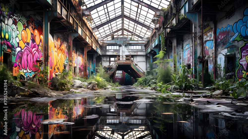 Huge abandoned factory hall, holes in the roof, flooded with light, colorful graffiti everywhere, Plants overgrow the building