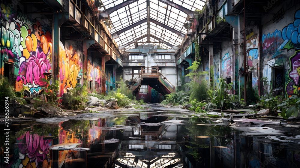 Huge abandoned factory hall, holes in the roof, flooded with light, colorful graffiti everywhere, Plants overgrow the building Huge abandoned factory hall, holes in the roof, flooded with light, colorful graffiti everywhere, Plants overgrow the building