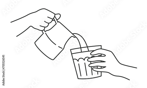 Hands holding jug and pouring milk. Illustration in outline style.