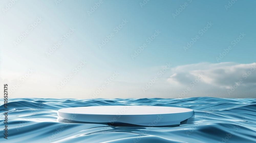 Circular platform, round podium for product display on water surface. Show case for cosmetic products, new product, promotion sale and presentation.