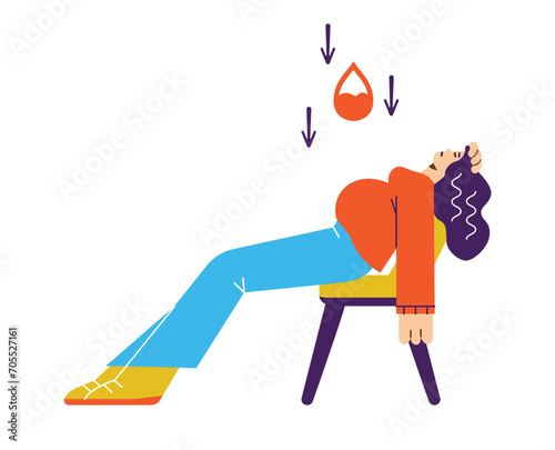 Pregnant woman feels unwell due to anemia, flat vector illustration isolated.