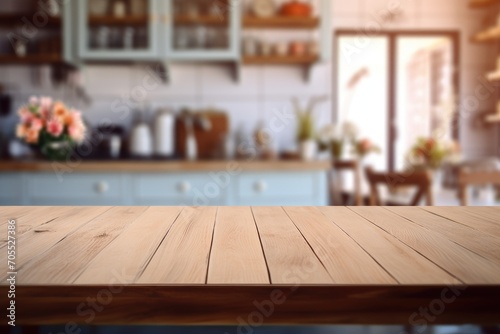 Close-up plane of the table, the kitchen interior is blurred in the background