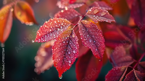 Macro photography capturing beautifully colored leaves kissed by dewdrops. 