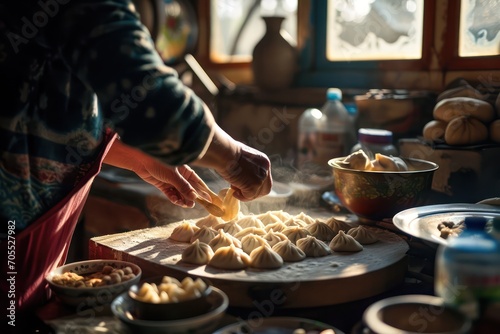 Preparing Chinese dumplings in a country kitchen