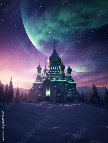 Silhouette of the Mosque in winter, standing on a snow-covered hill, a mesmerizing display of the green and purple lights of the aurora borealis dancing across the starry night sky - generative ai