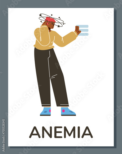 Sad person with dizziness, suffers from vertigo headache and needs medical help, anemia disease symptom vector poster