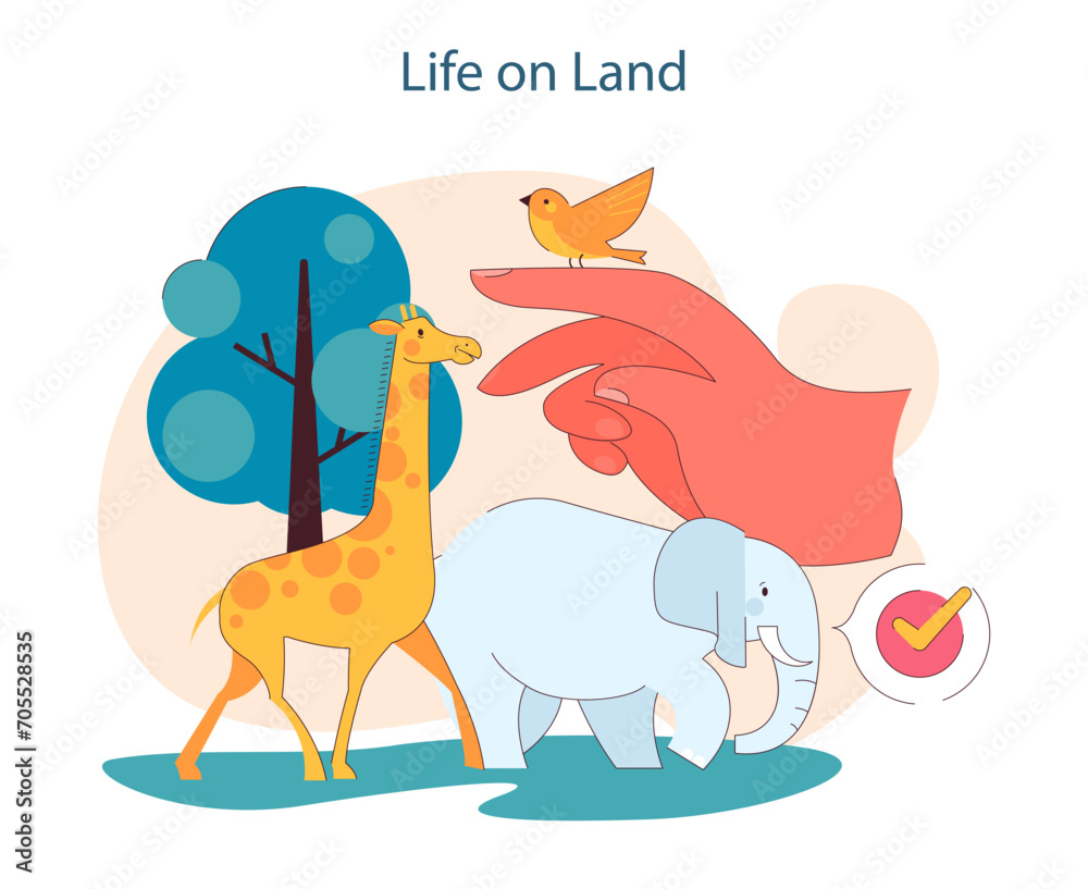 Life on Land. Fostering terrestrial ecosystems and wildlife preservation. A commitment to biodiversity and natural harmony. Flat vector illustration