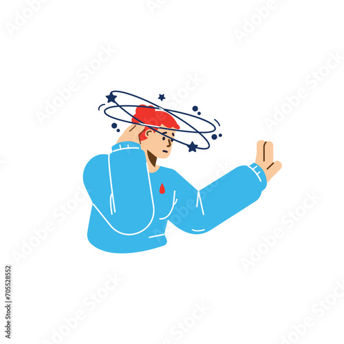 Woman having dizzy symptom of anemia or blood pressure, flat vector isolated.