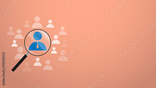 magnifier glass focus to manager icon which is among staff icons for human development recruitment leadership and costumer target group concept