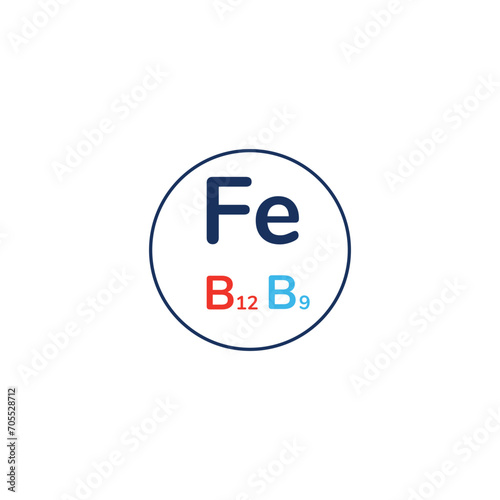 Symbol of vitamins Fe or iron and B group, flat vector illustration isolated.