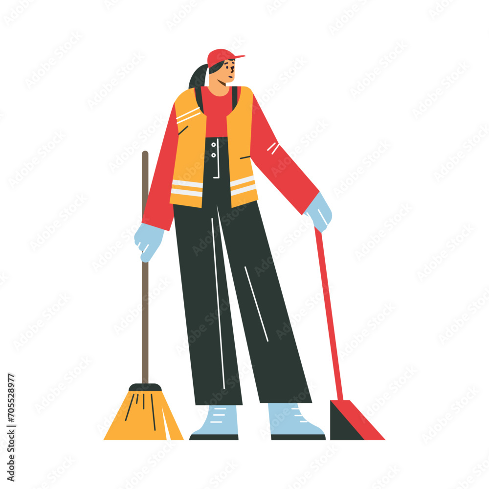 Woman janitor with broom and scoop, cleaning staff female in uniform with equipment, vector Street cleaning service